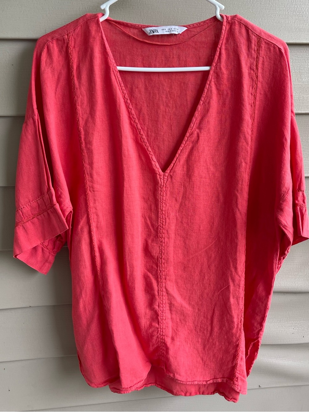 Zara 100% Linen Top V Neck Popover‎ Drop Shoulder Small Poppy Red Hi Low Coastal